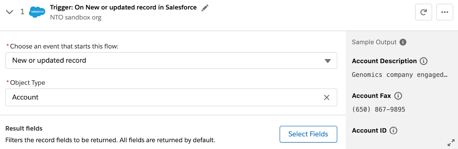 Step 1 of flow with trigger event on new or updated Account object and Select Fields button.