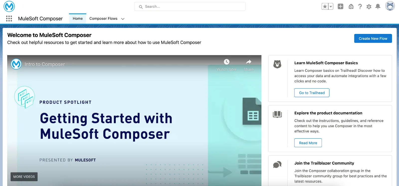 Welcome to MuleSoft Composer page with a Create New Flow button.