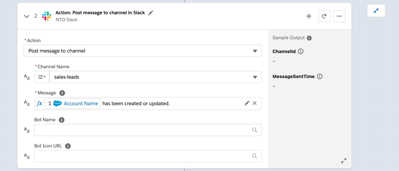 Step 2 of flow showing post message to the sales-leads Slack channel.