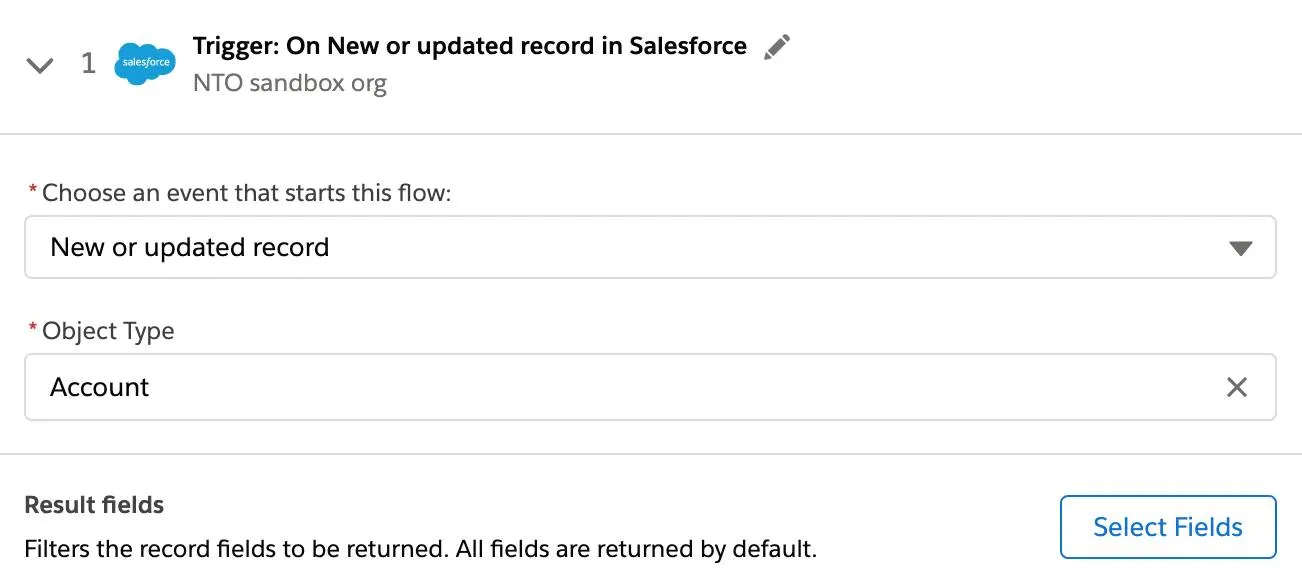 Step 1 of flow with trigger event on new or updated Account object and Select Fields button.