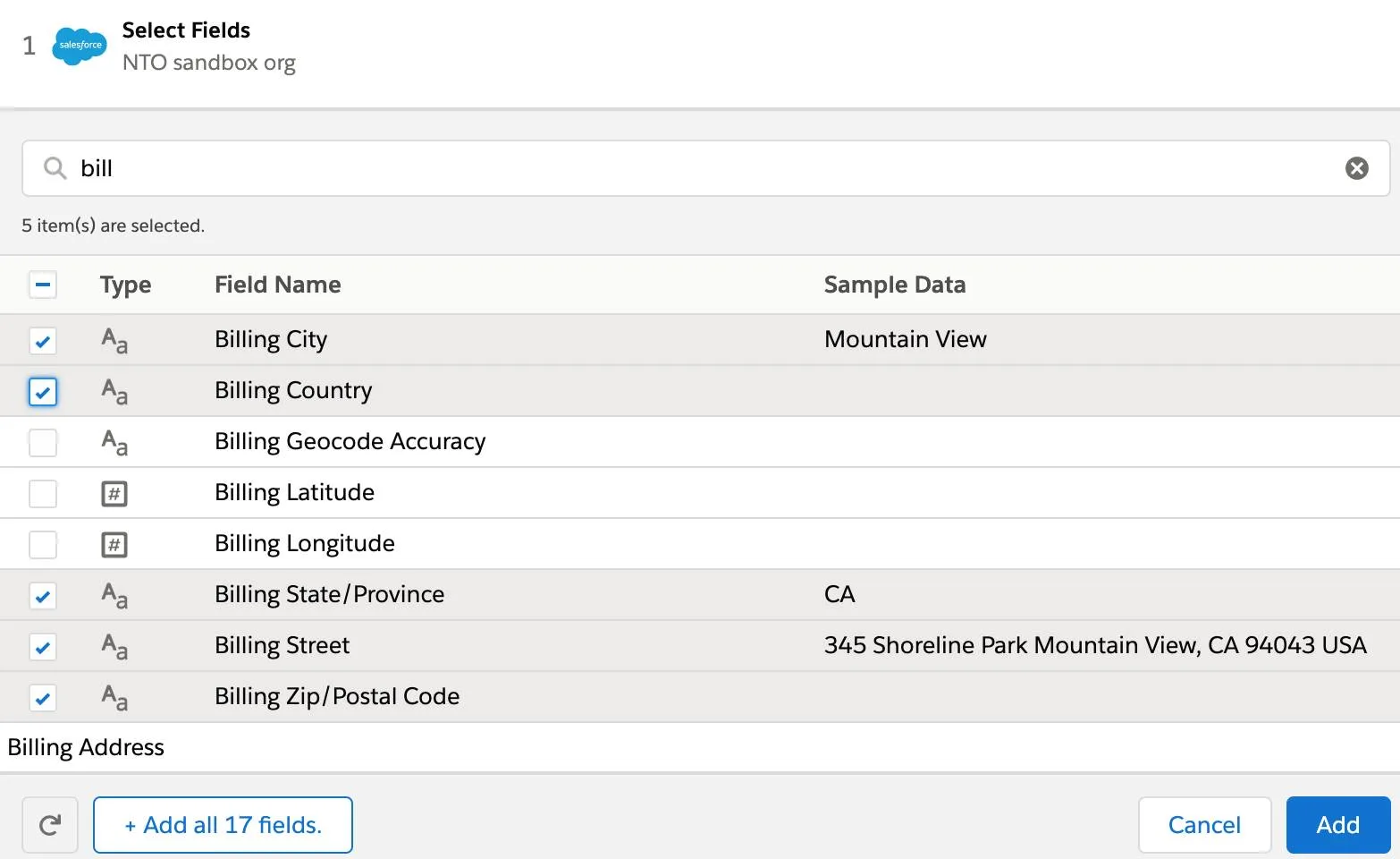 Select Fields dialog box with selected fields such as billing city and billing country.