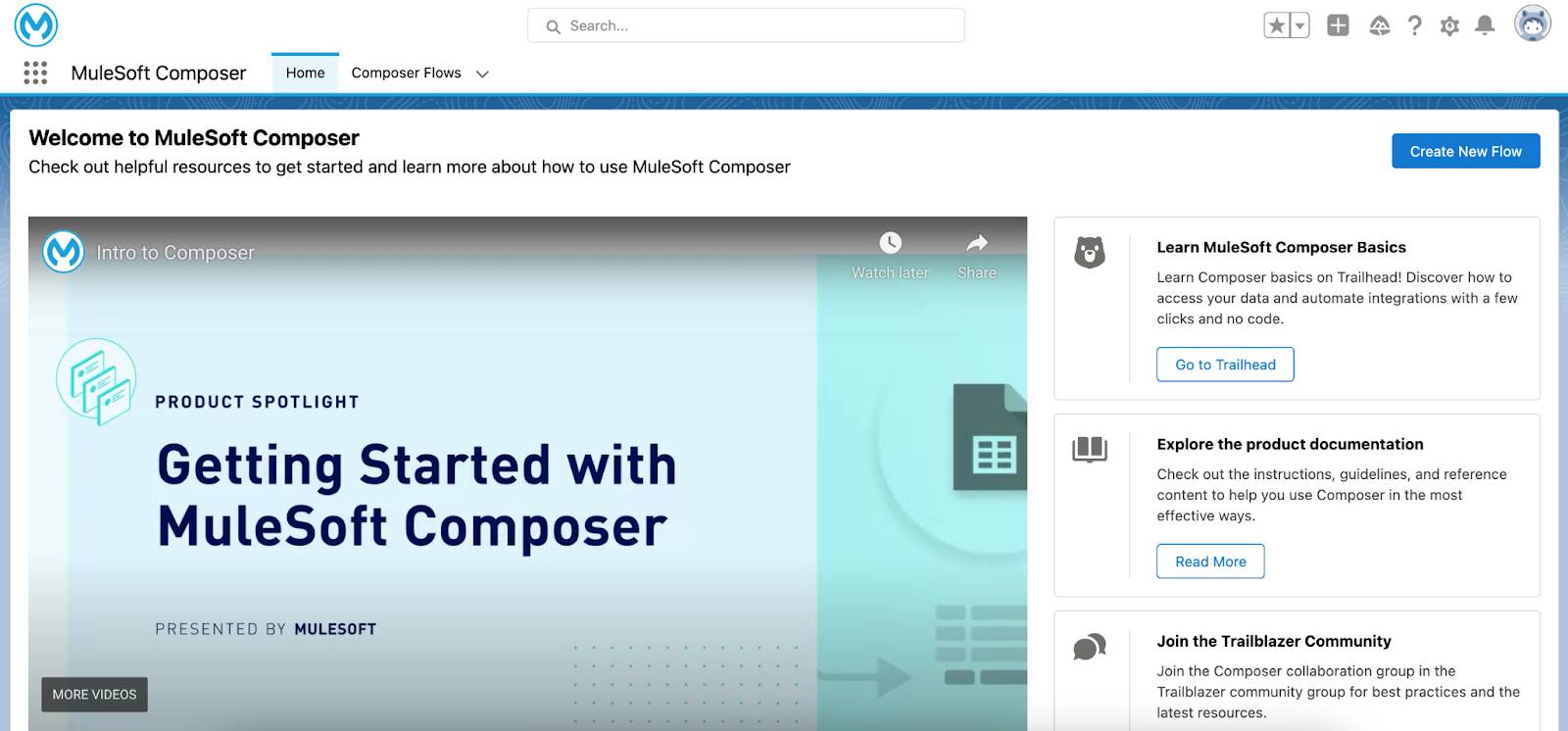 Welcome to MuleSoft Composer page with a Create New Flow button.