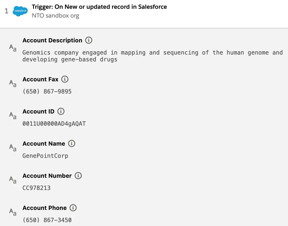 Sample Output section in Step 1 of flow showing account ID and account name.