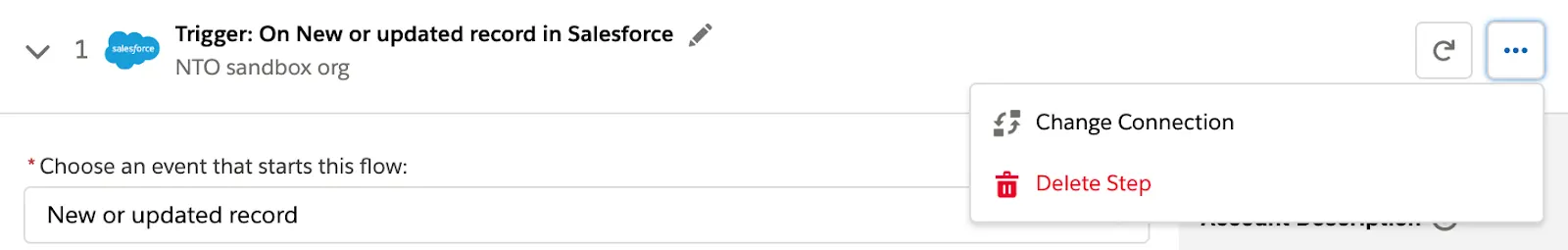 Step 1 of flow showing Change Connection action.