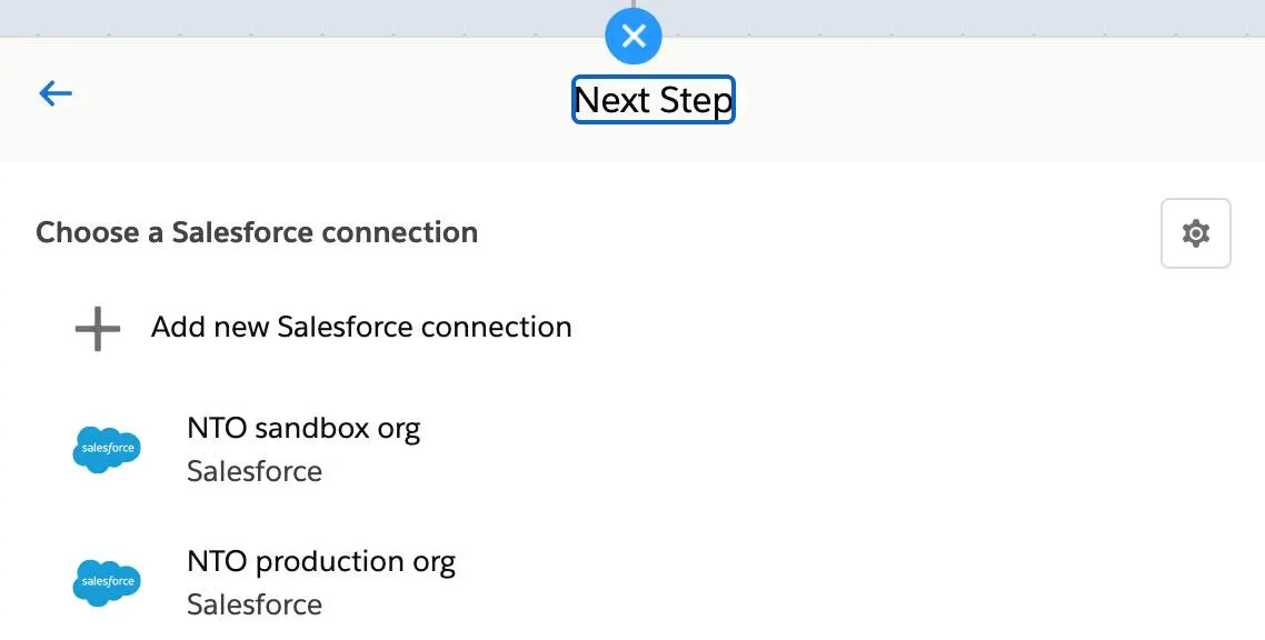 Next Step dialog box with Salesforce connections and Settings icon.