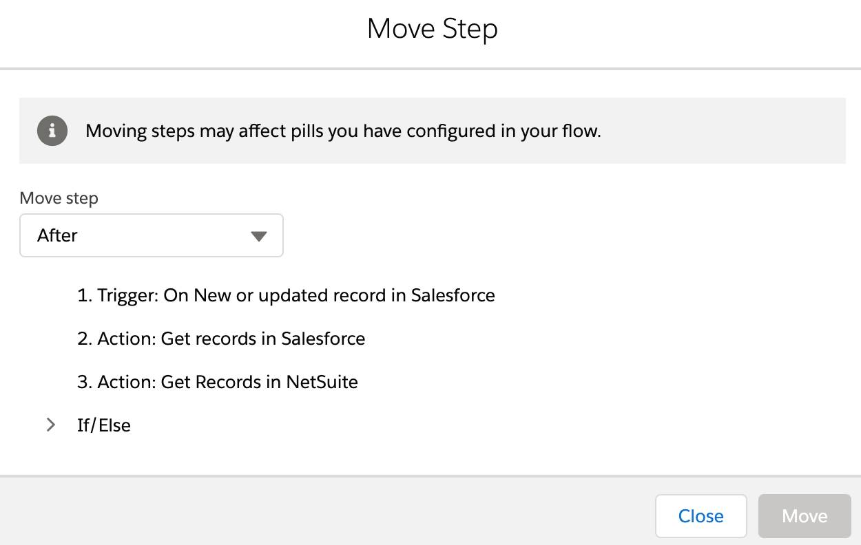 Move Step dialog box showing trigger and actions of flow.