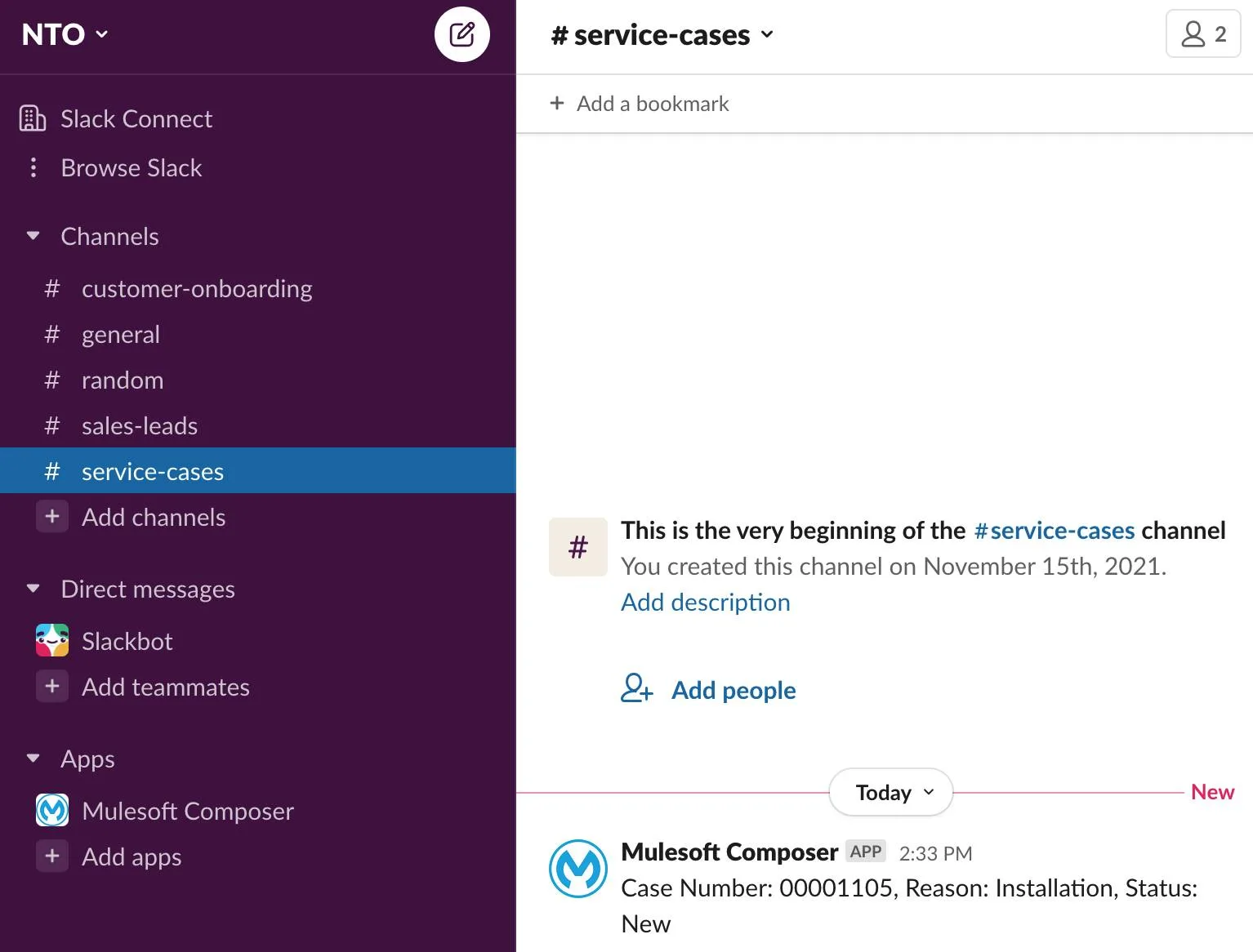 service-cases channel showing the test case notification.