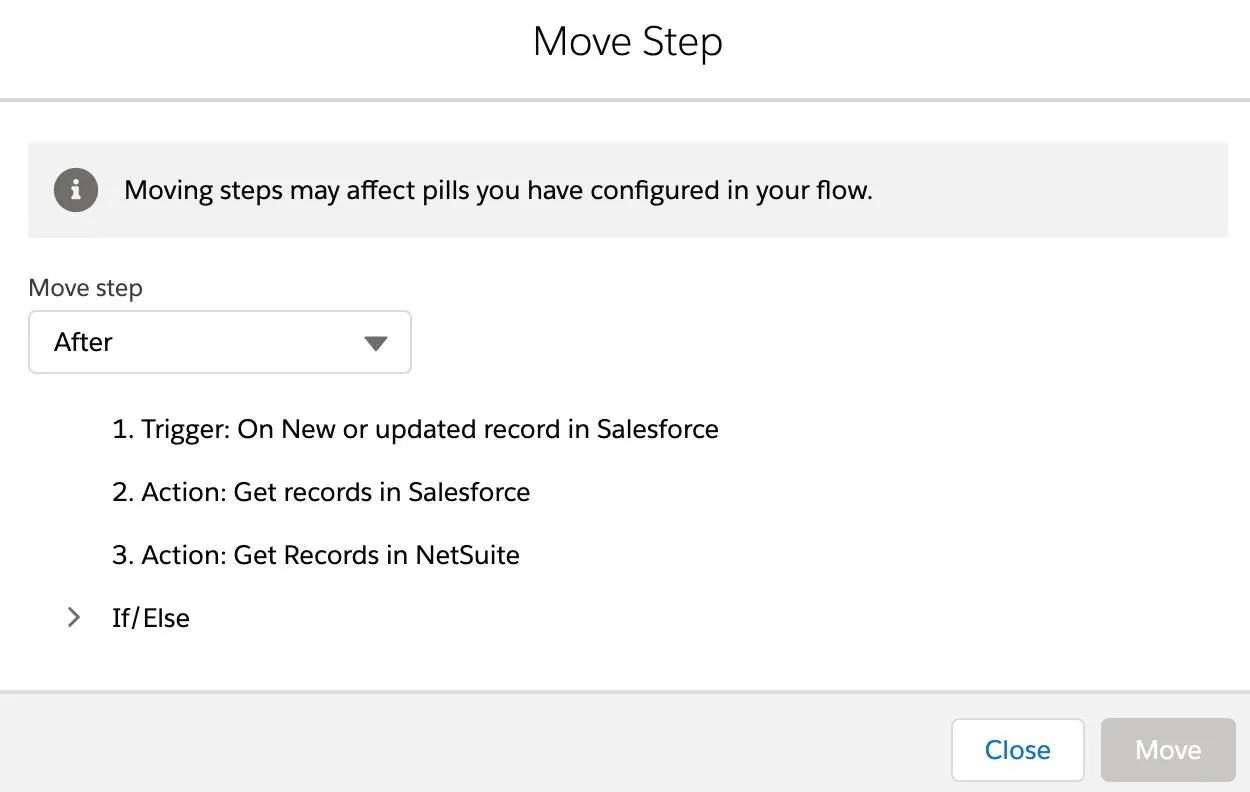 Move Step dialog box showing trigger and actions of flow.