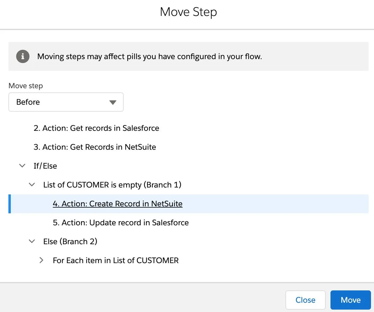 Move Step dialog box showing a selected action and Move button.