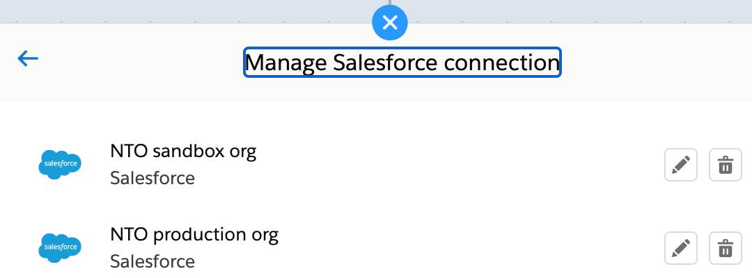Manage Salesforce connection dialog box with trash can icons.