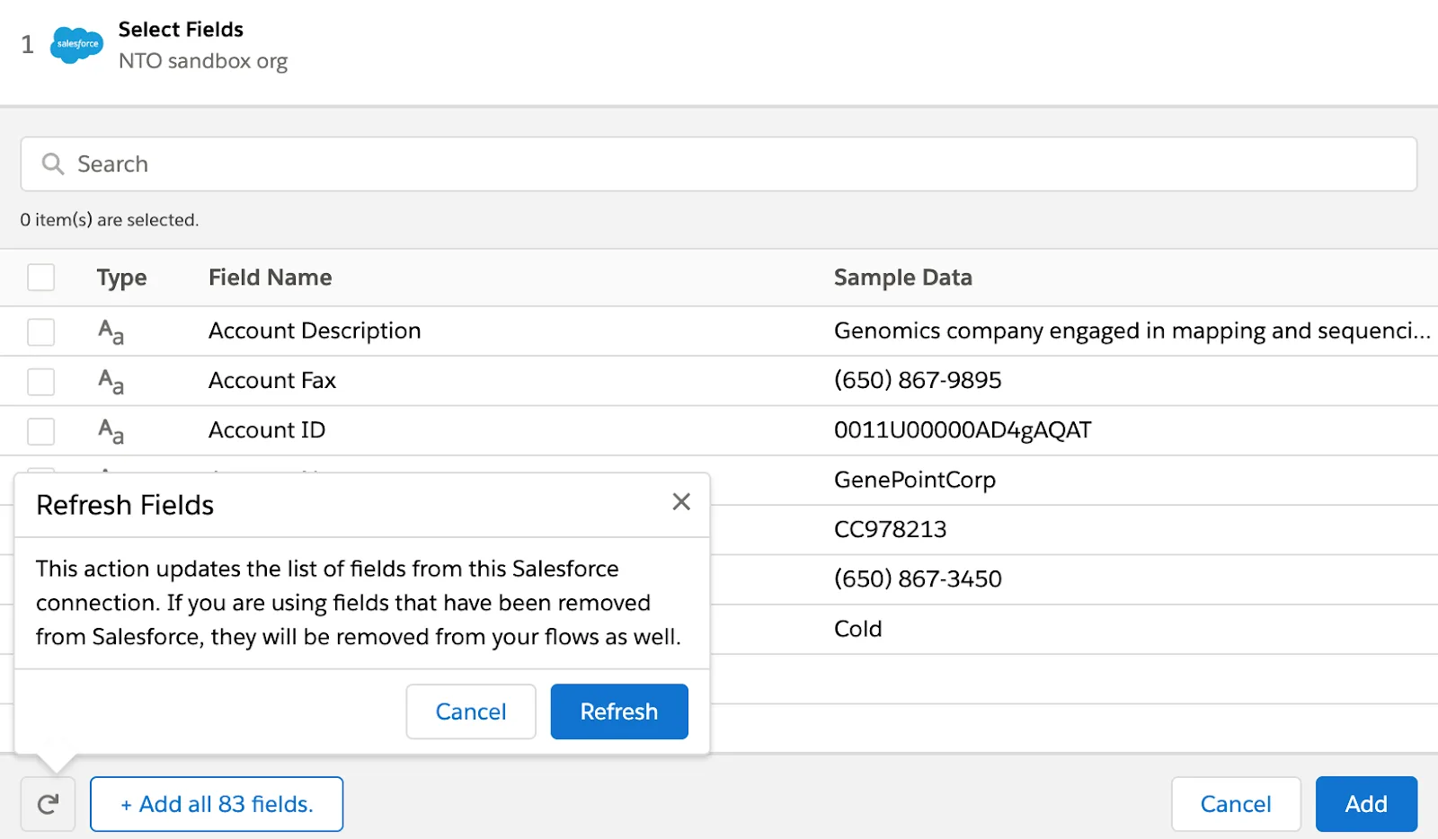 Refresh Fields dialog box with Refresh button.