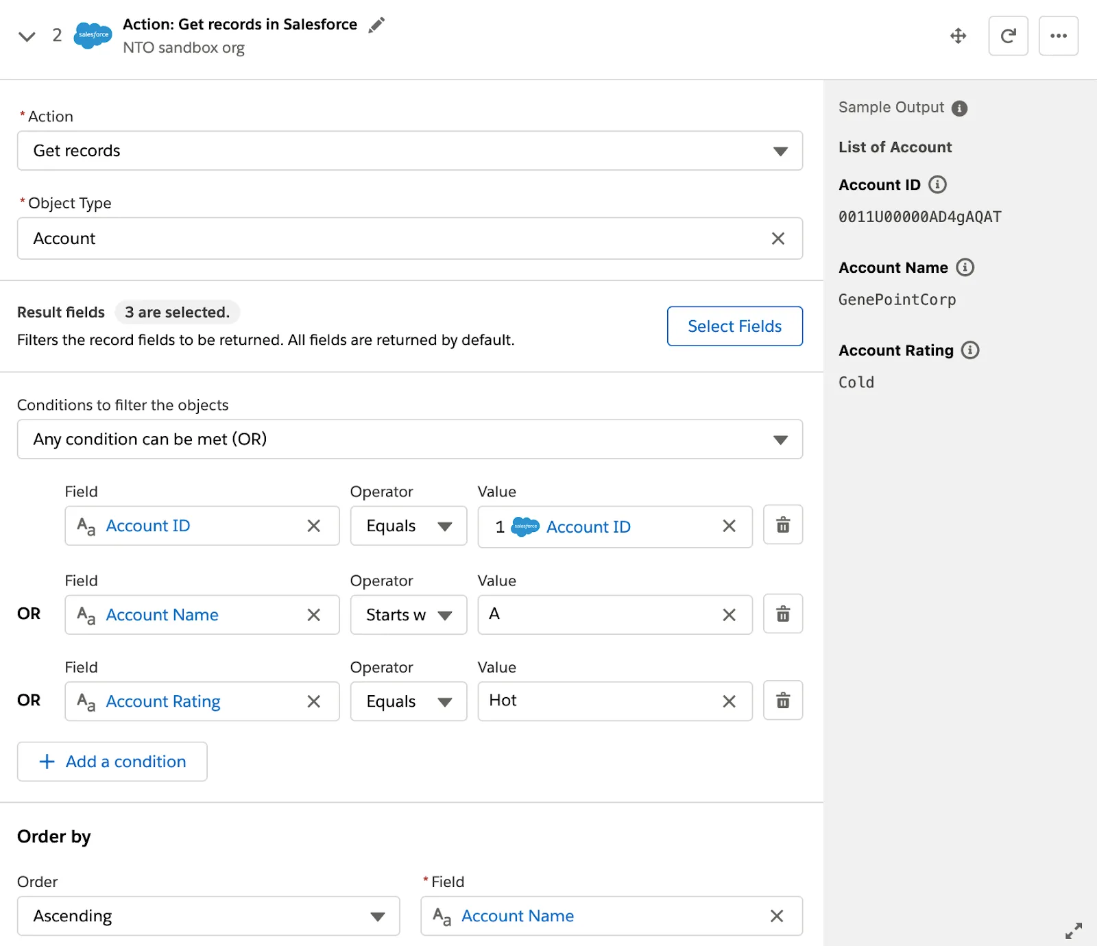 Step 2 of flow to get records with condition based on account ID, account name, and account rating and sorted by account name.