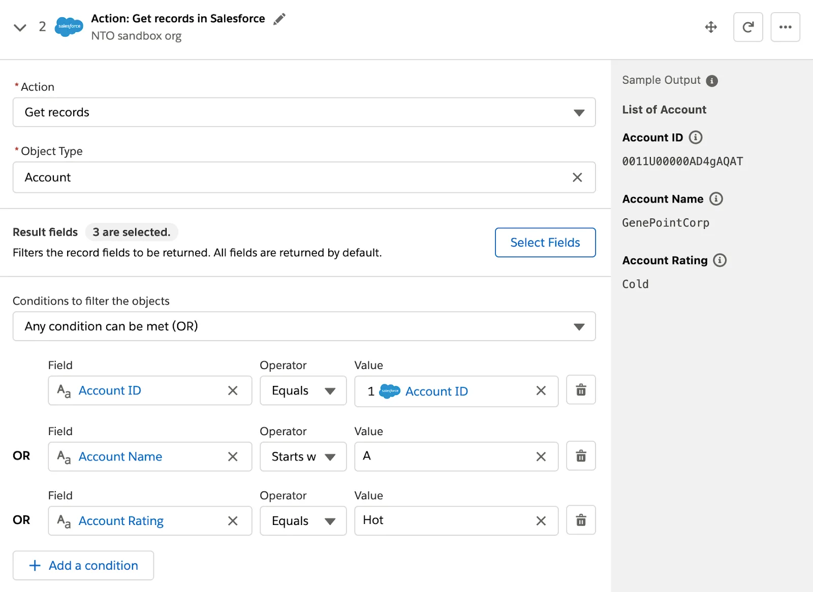 Step 2 of flow to get records with condition based on account ID, account name, and account rating fields.