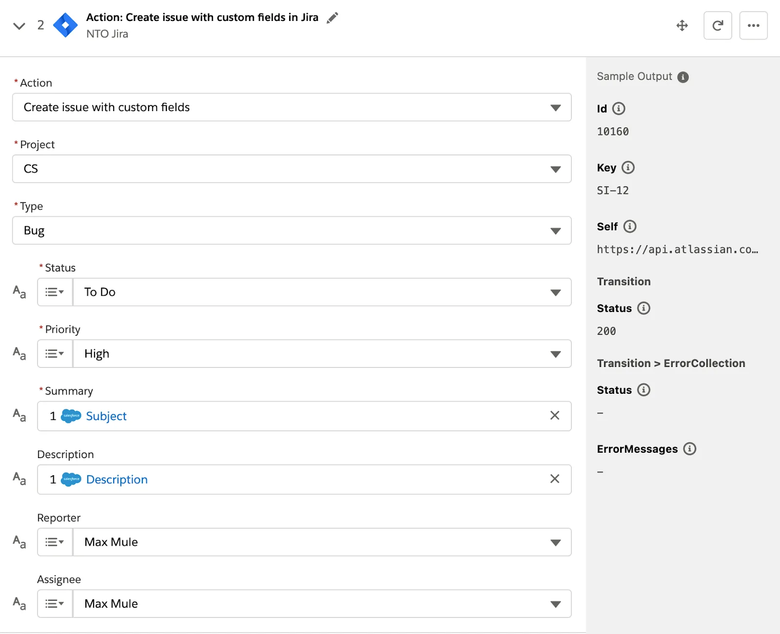 Step 2 of flow to create Jira issue with fields such as status and priority.