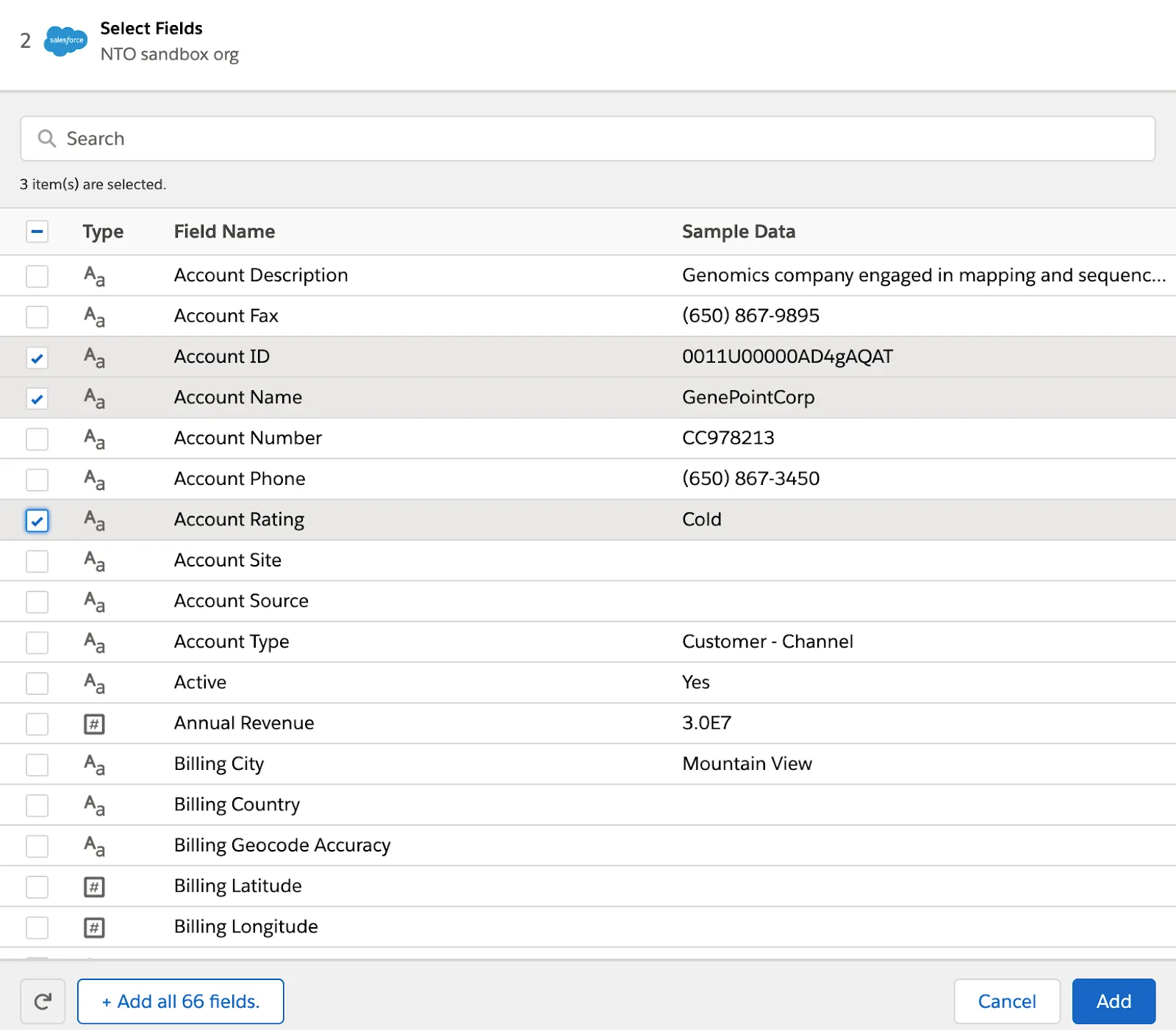 Select Fields dialog box with account ID, account name, and account rating selected.