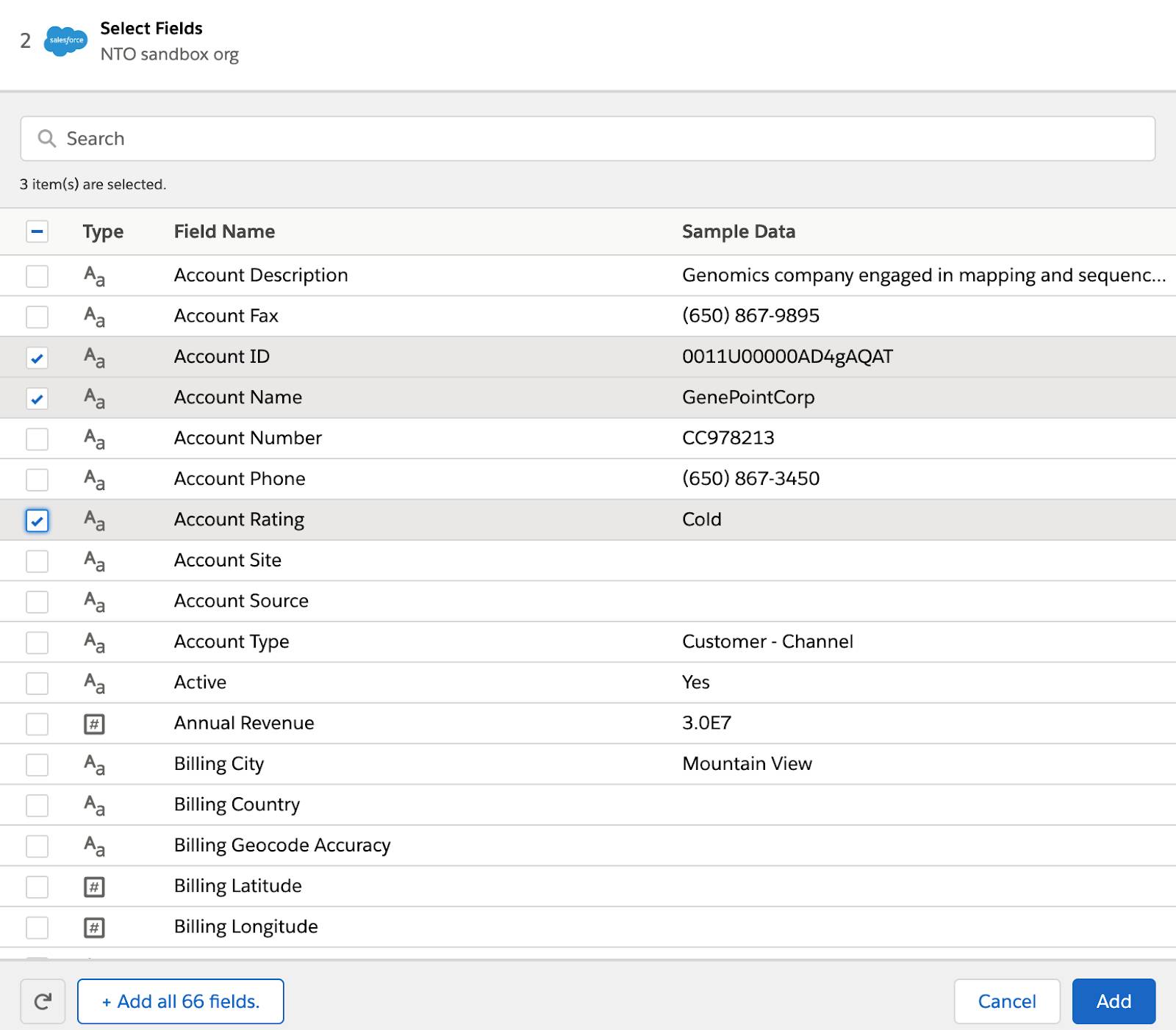 Select Fields dialog box with account ID, account name, and account rating selected.