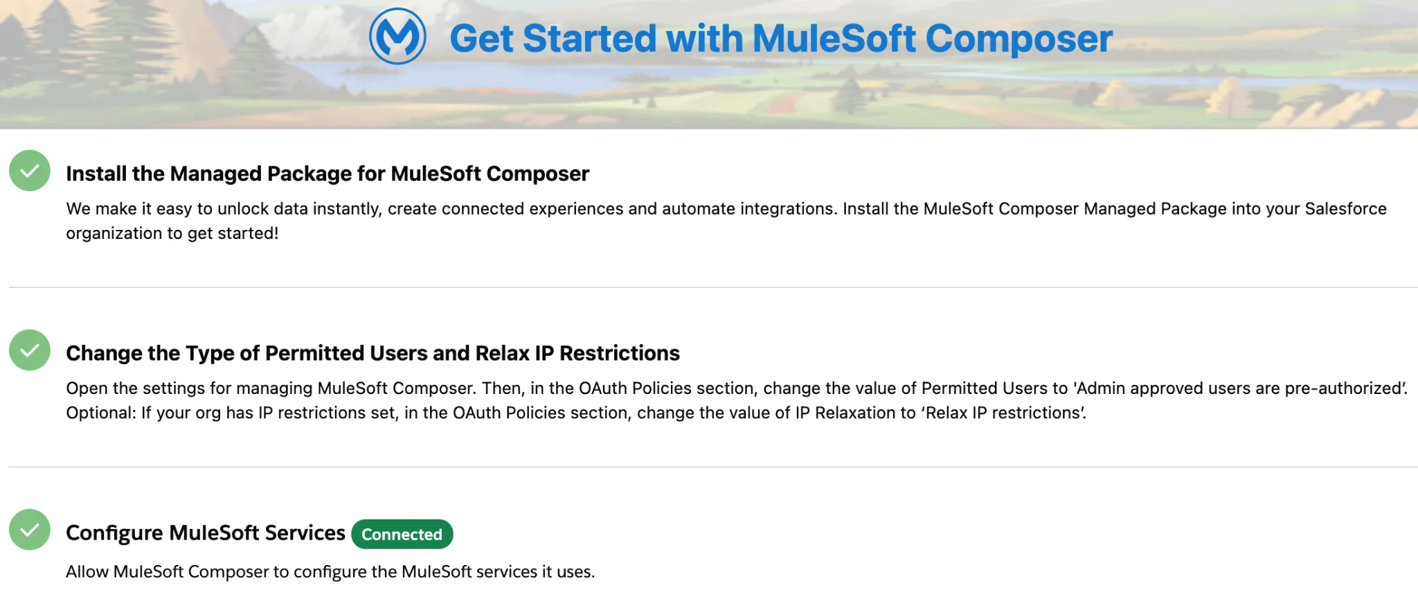 MuleSoft Composer Setup page with Configure MuleSoft Services displaying Connected.