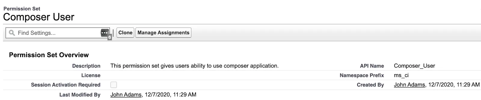 Composer User Permission Set page with Manage Assignments button.