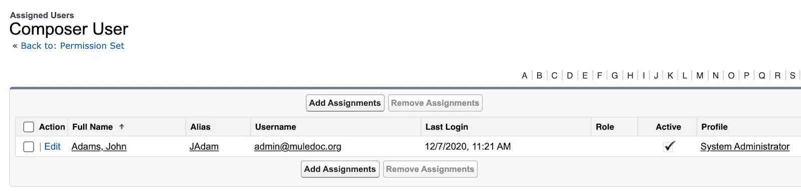 Composer User Permission Set page with Add Assignments button.