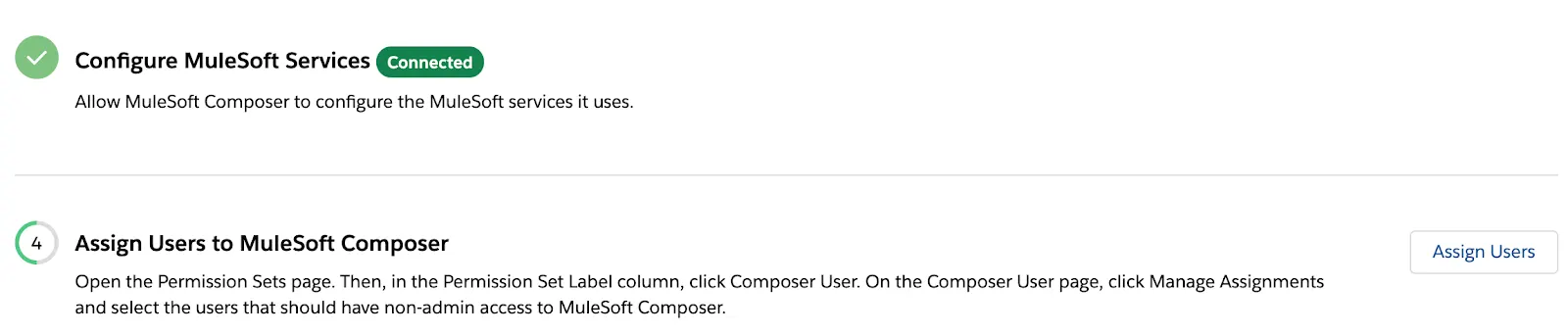 MuleSoft Composer Setup page with Assign Users button.