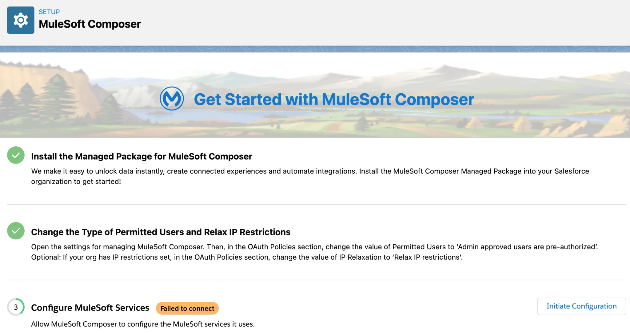 [Initiate Configuration (設定を開始)] ボタンが表示されている MuleSoft Composer の [設定] 画面。