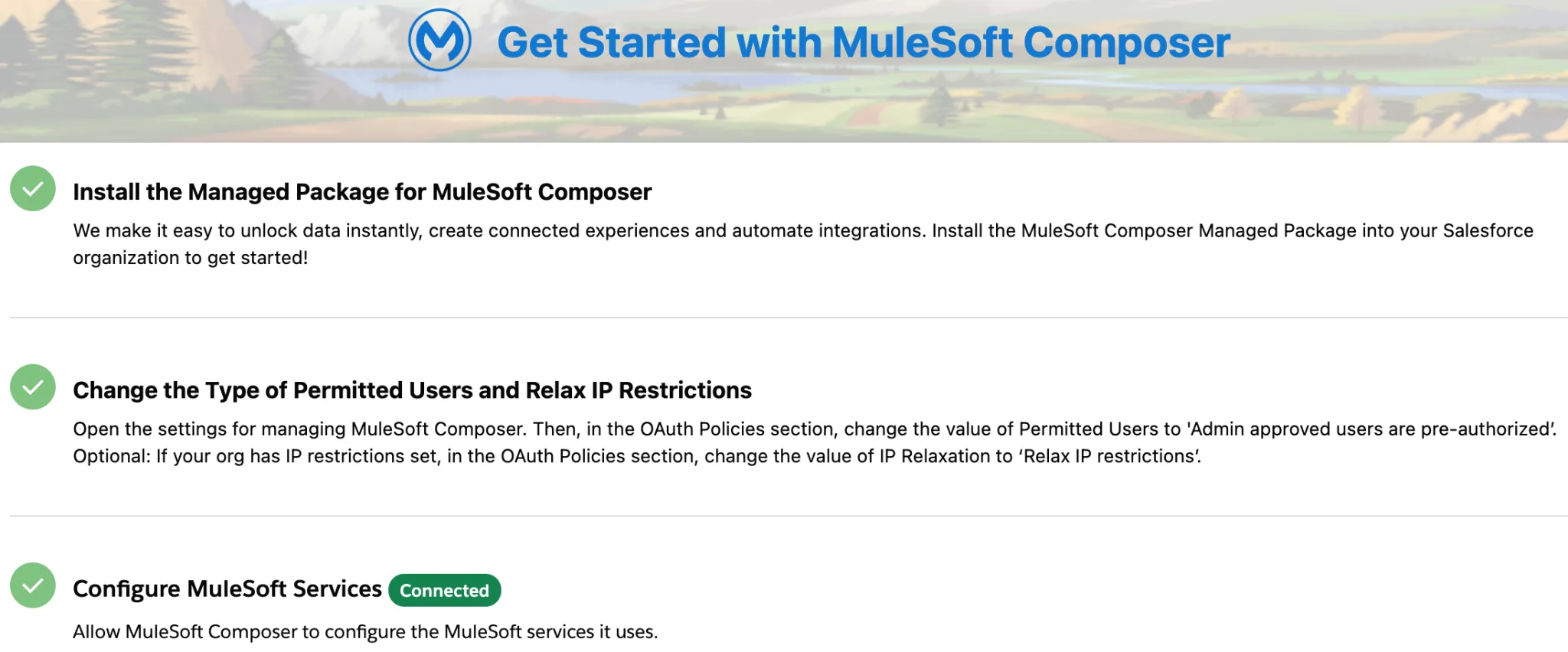 [Configure MuleSoft Services (MuleSoft サービスを設定)] が [Connected (接続済み)] と表示されている MuleSoft Composer の [設定] 画面。