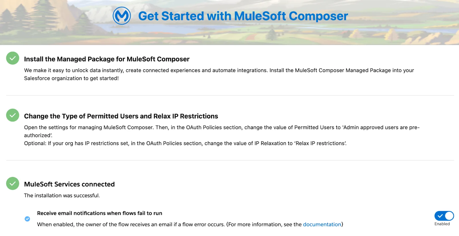 MuleSoft サービスでメール通知が [Enabled (有効)] になっている MuleSoft Composer の [設定] 画面。