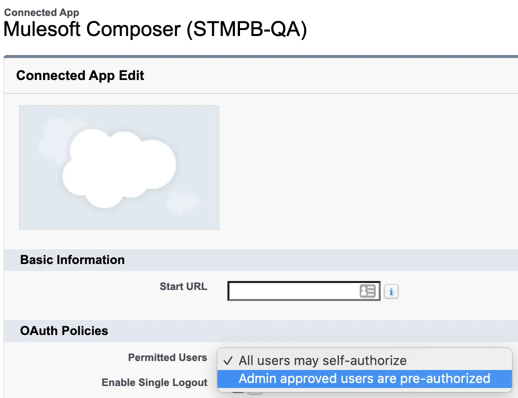 Connected App page showing Admin approved users are pre-authorized.