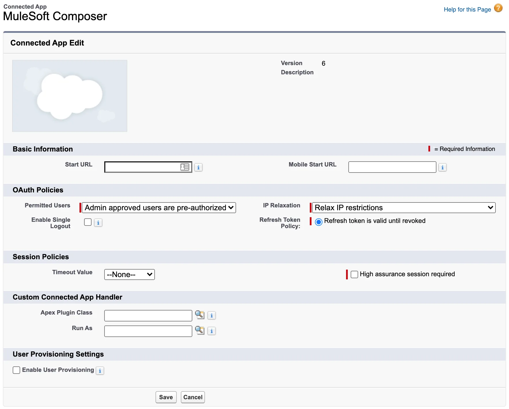 Connected App page showing Permitted Users and IP Relaxation values with High assurance session required checkbox deselected.