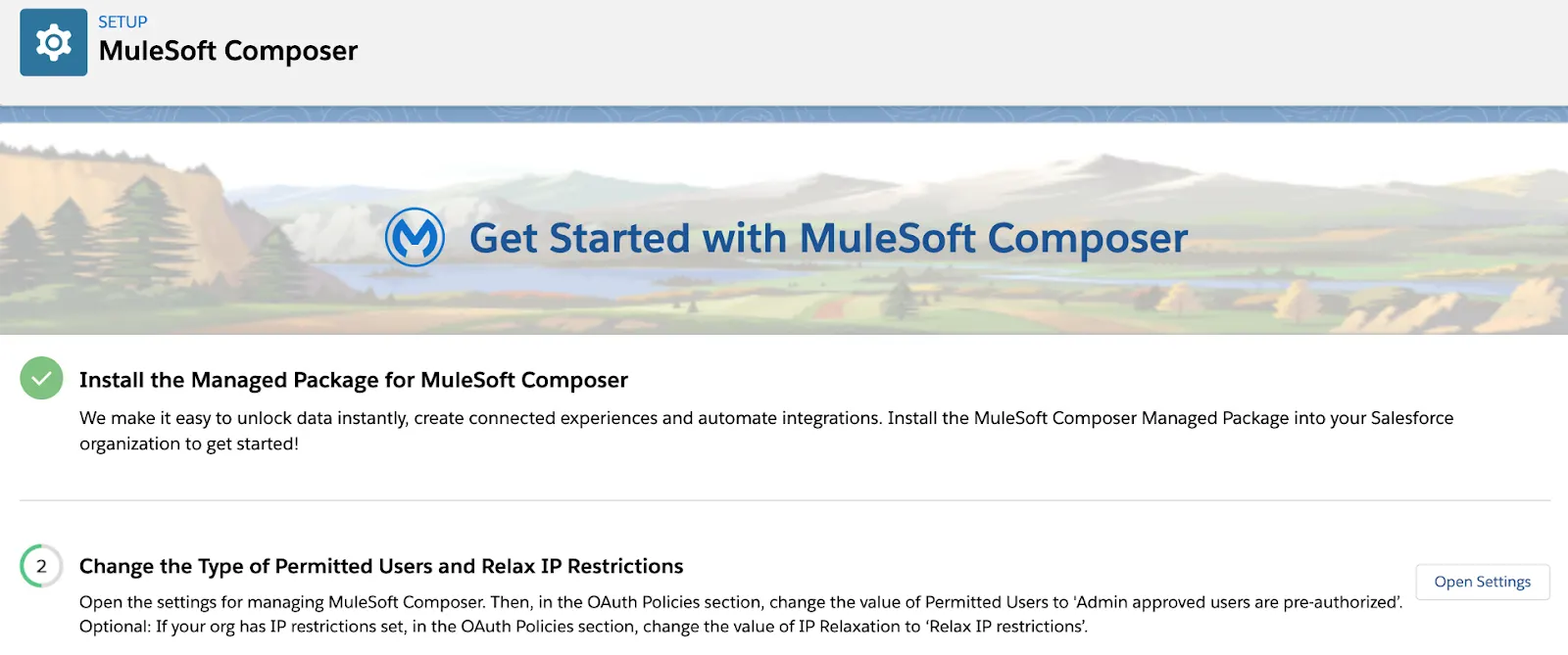 [Open Settings (設定を開く)] ボタンが表示されている MuleSoft Composer の [設定] ページ。