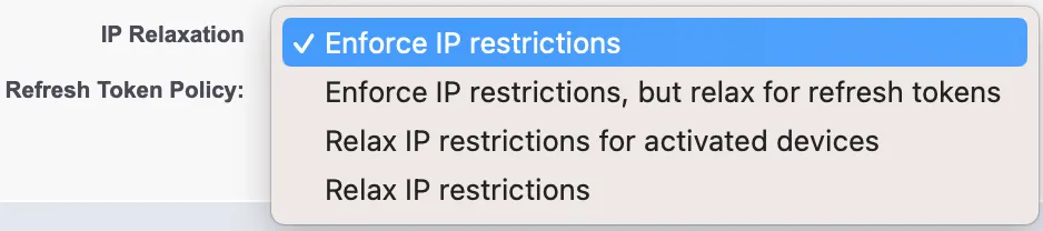 [Relax IP restrictions (IP 制限の緩和)] が表示されている [IP Relaxation (IP 制限の緩和)] 選択リスト。