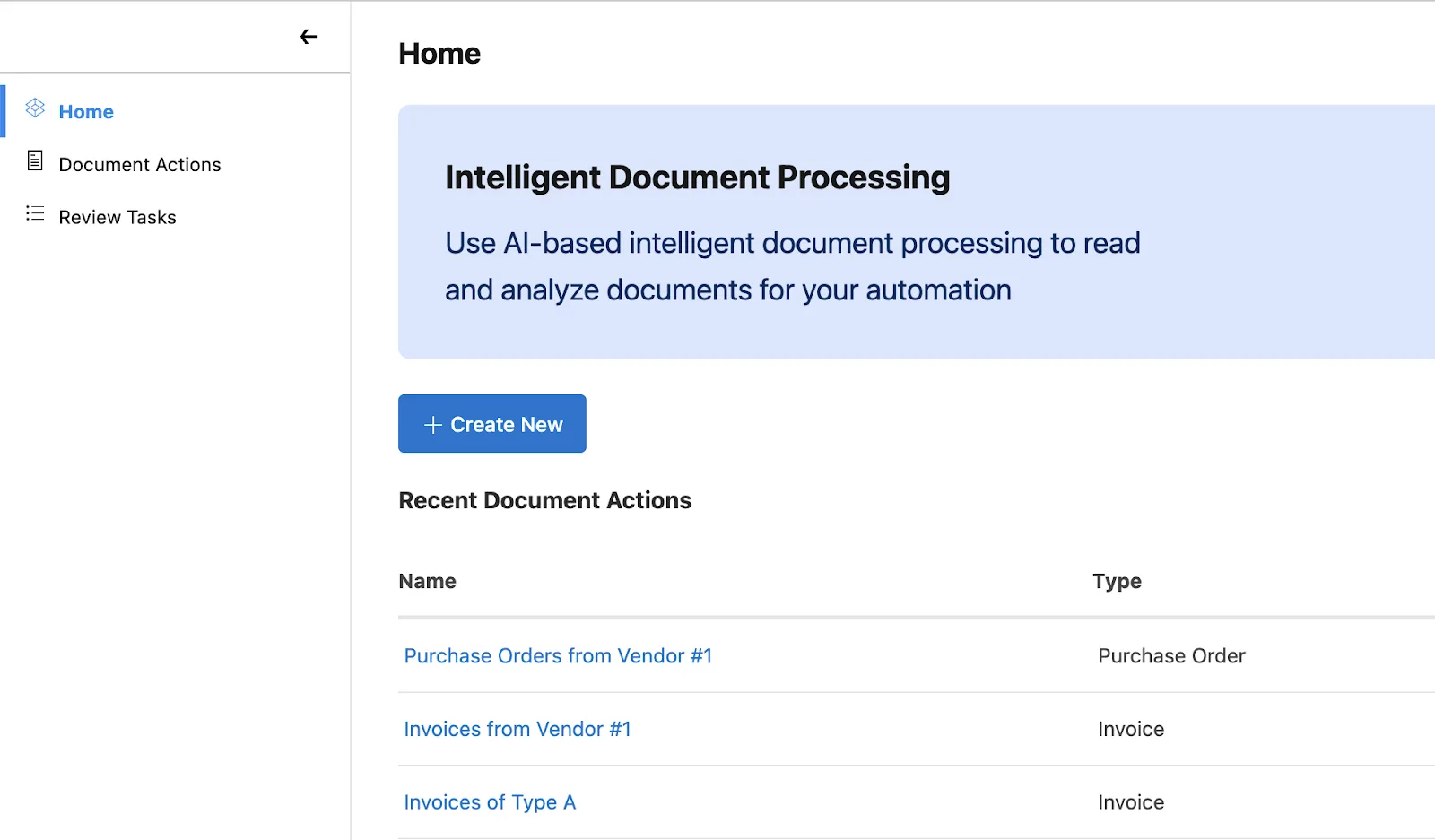 the IDP home screen showing recently created document actions.