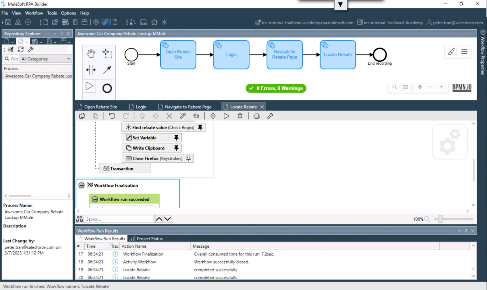 MuleSoft RPA Builder ワークスペースのレイアウト。