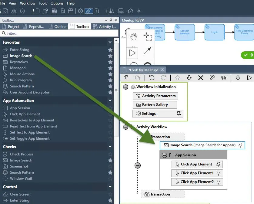 RPA Builder screen showing dragging and dropping elements from the Toolbox view into the Workflow view.