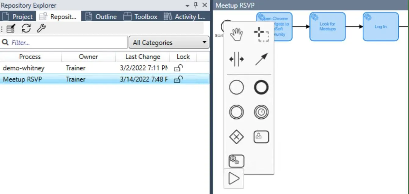 The Repository Explorer showing the Meetup RSVP repository highlighted along with BPMN design document containing detailed instructions.