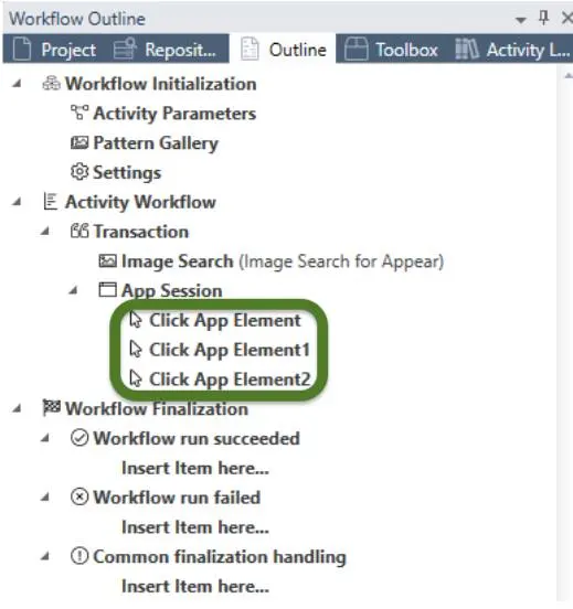 Workflow Outline view showing elements of the workflow editor.