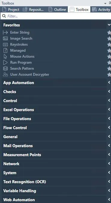 The Toolbox showing organized logical modules that carry out various behaviors in an RPA process.