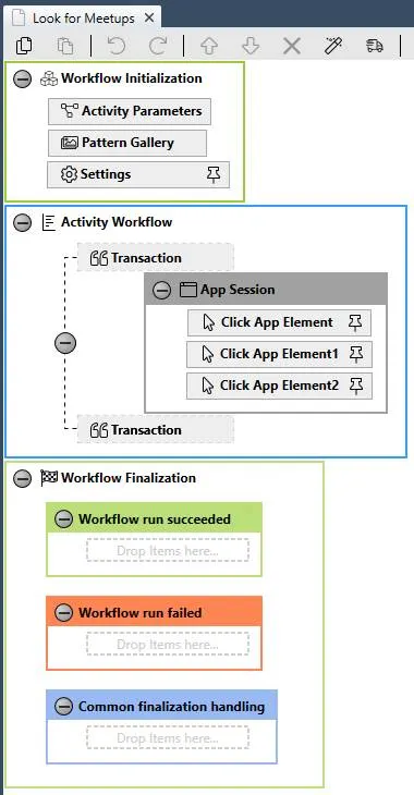 The middle block shows an App Session element and several other action step elements.