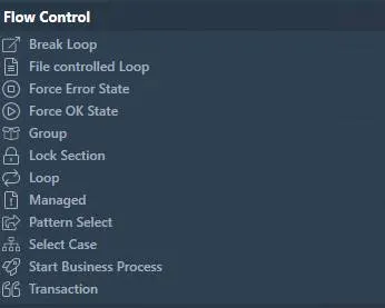 The Flow Control module showing control blocks that help group steps together or help iterate over the same set of instructions multiple times.