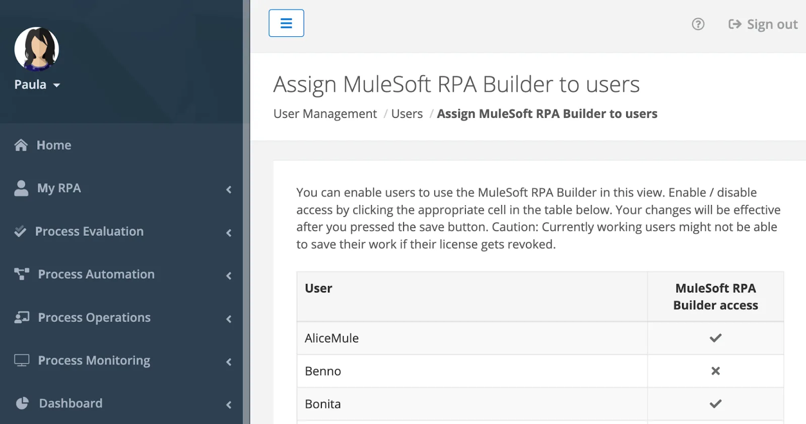 Assign MuleSoft RPA Builder to users page showing users and MuleSoft RPA Builder access.