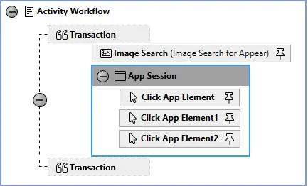 The Activity Workflow containing an outer Transaction block and an inner App Session block.