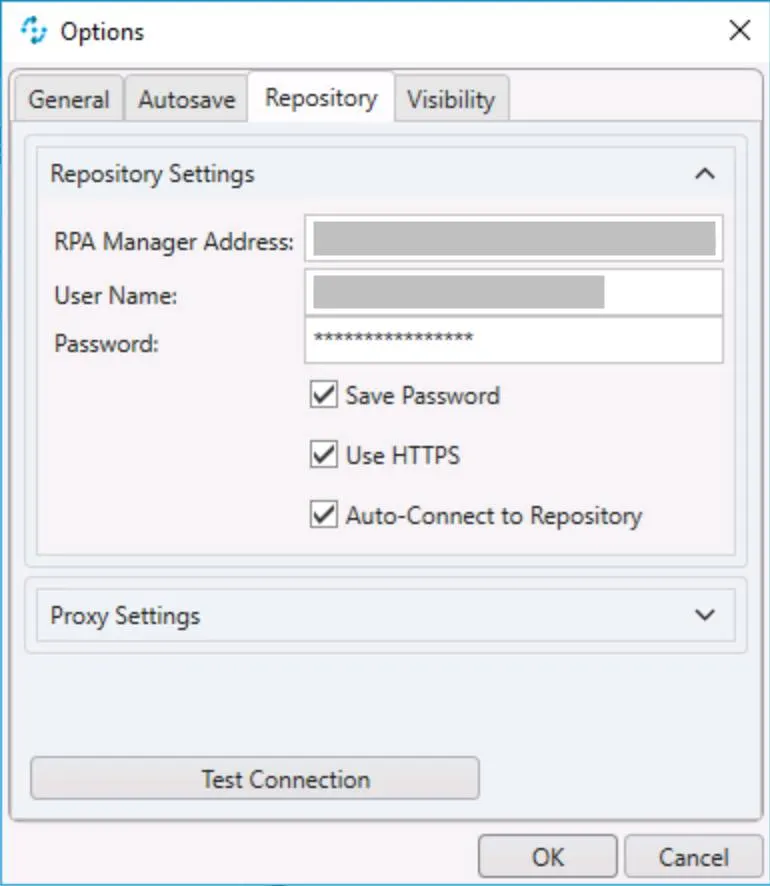 MuleSoft RPA Builder: Repository Login screen with repository setting fields.