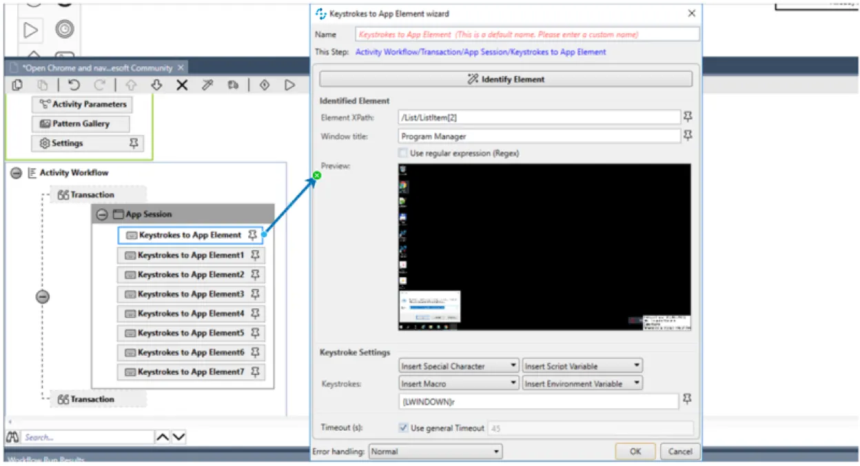 Selecting the Keystrokes to App Element workflow element opens the Keystrokes to App Element wizard.