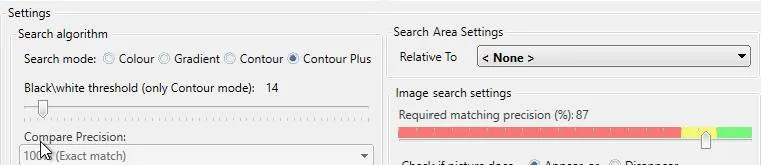 Image Search action step settings showing adjustments for how images or fonts are matched between two computers.