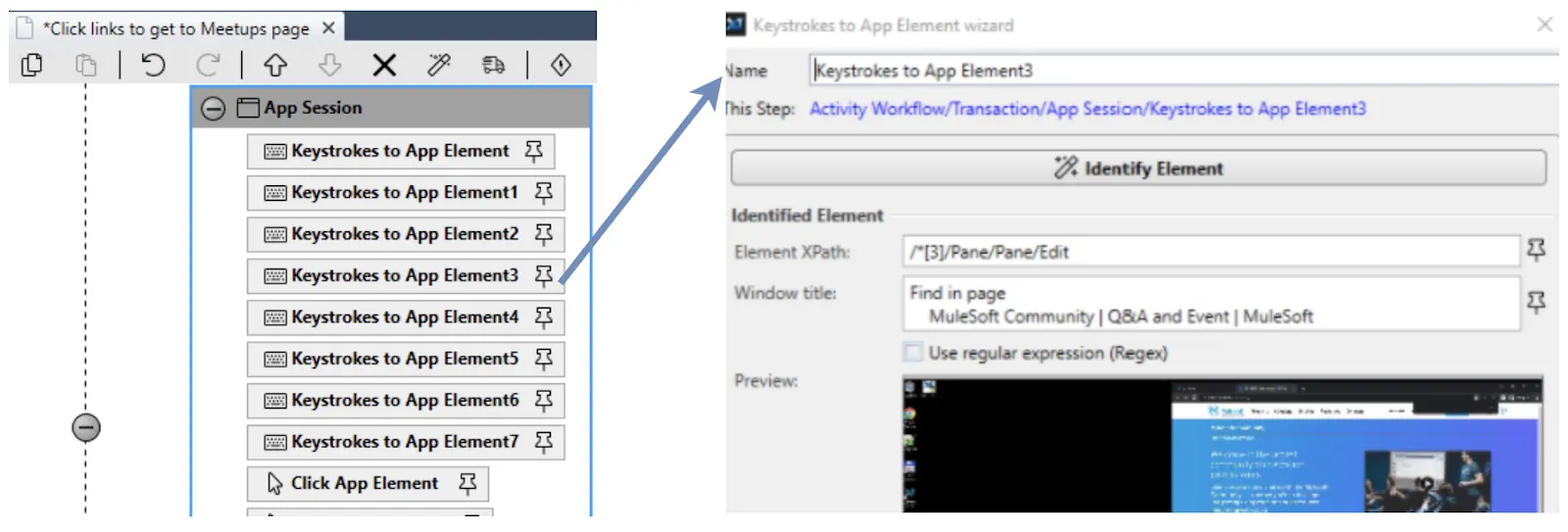 MuleSoft RPA Recorder showing autogenerated workflows with implemented action steps and other elements.