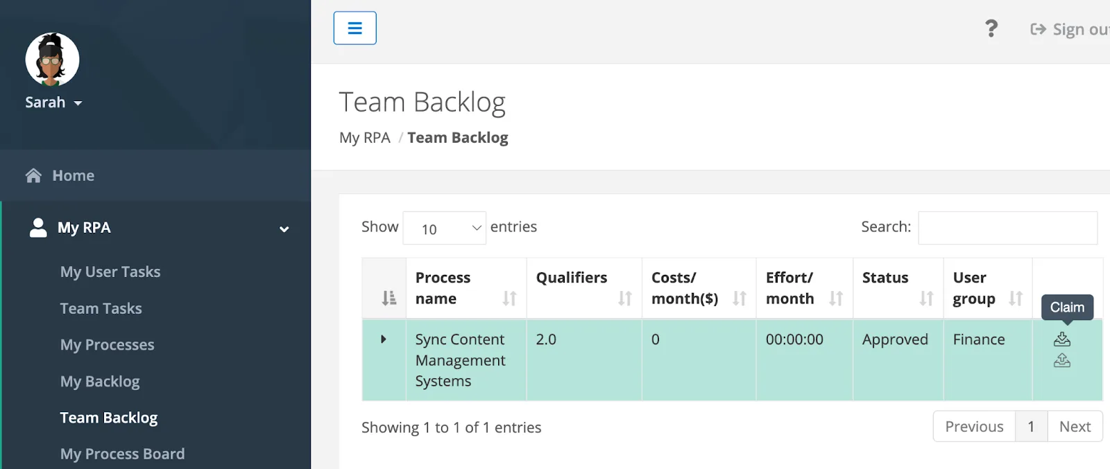 Team Backlog view showing an approved RPA process that is ready to be assigned to an RPA designer.