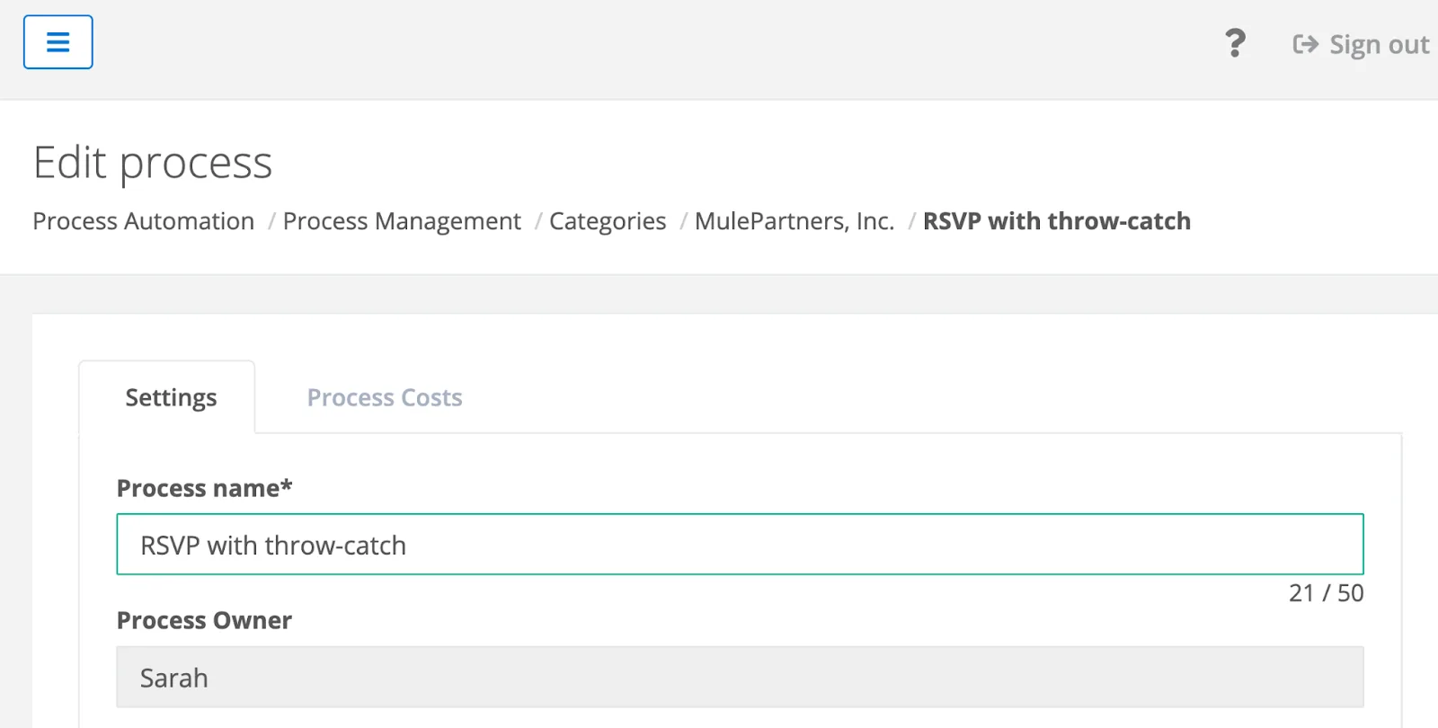 The Edit process page showing the process name and process owner.