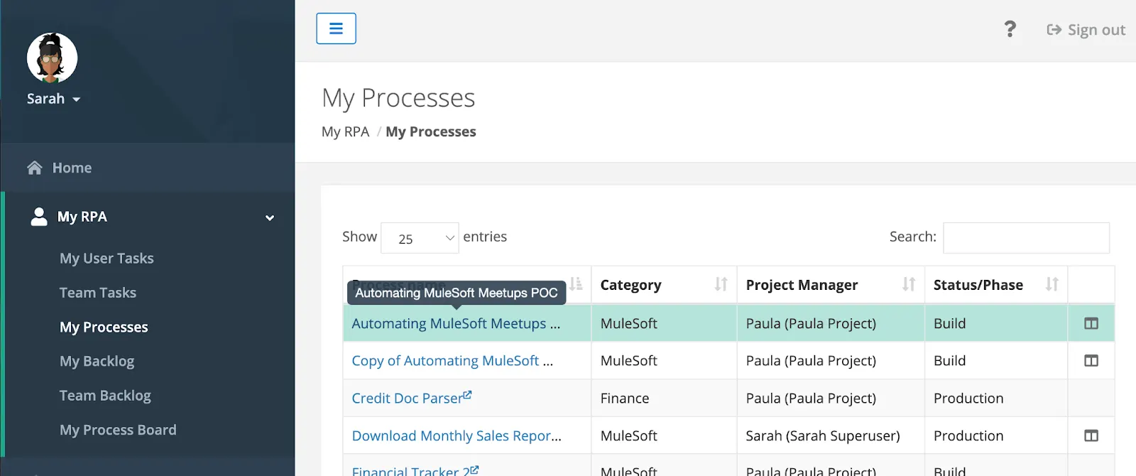 My Processes view showing RPA processes based on view and edit permissions.