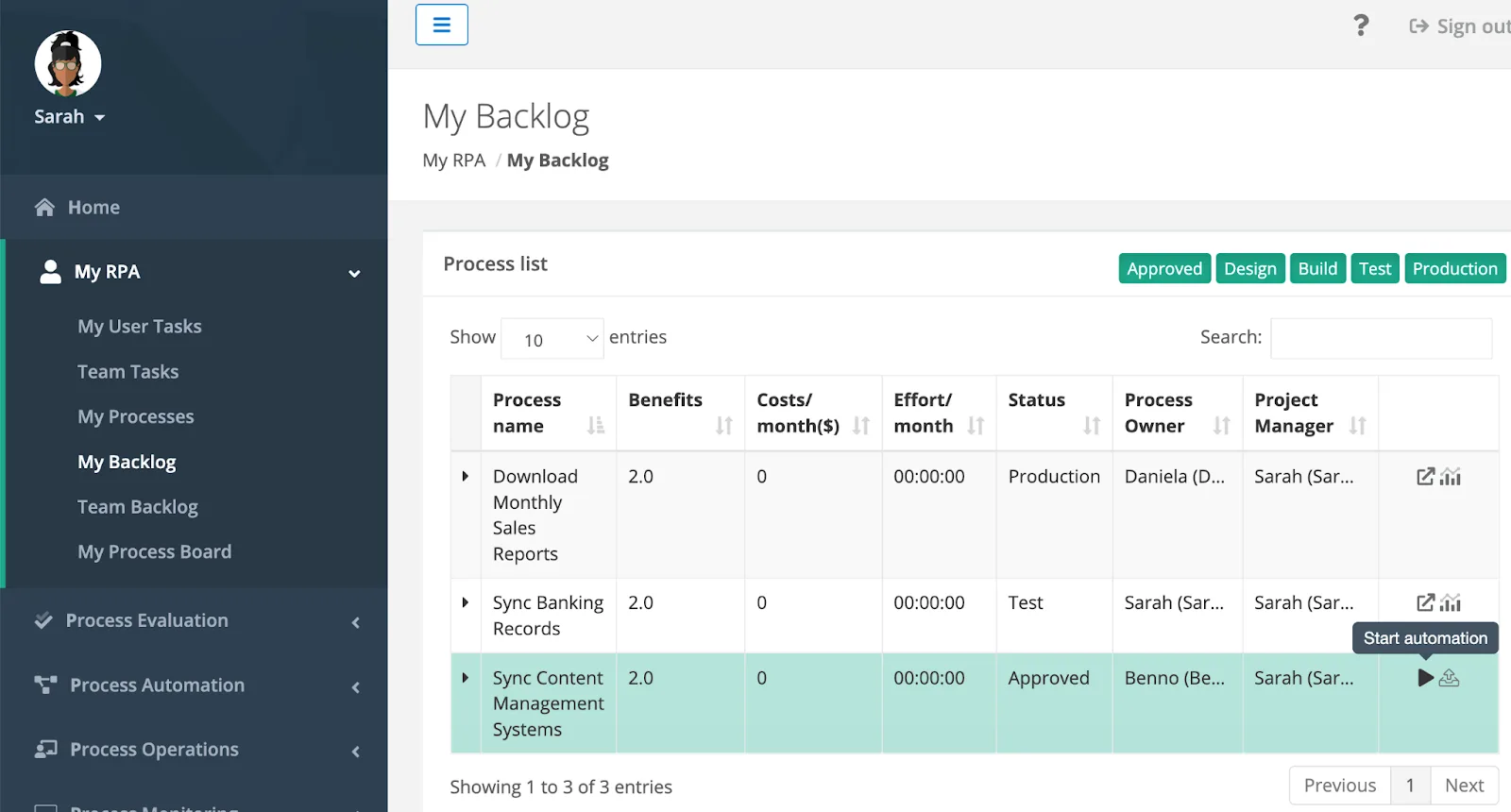 引き受けた RPA プロセスが表示され、[Start automation (自動化を開始)] アイコンが強調表示されている [My Backlog (私のバックログ)] ビュー。