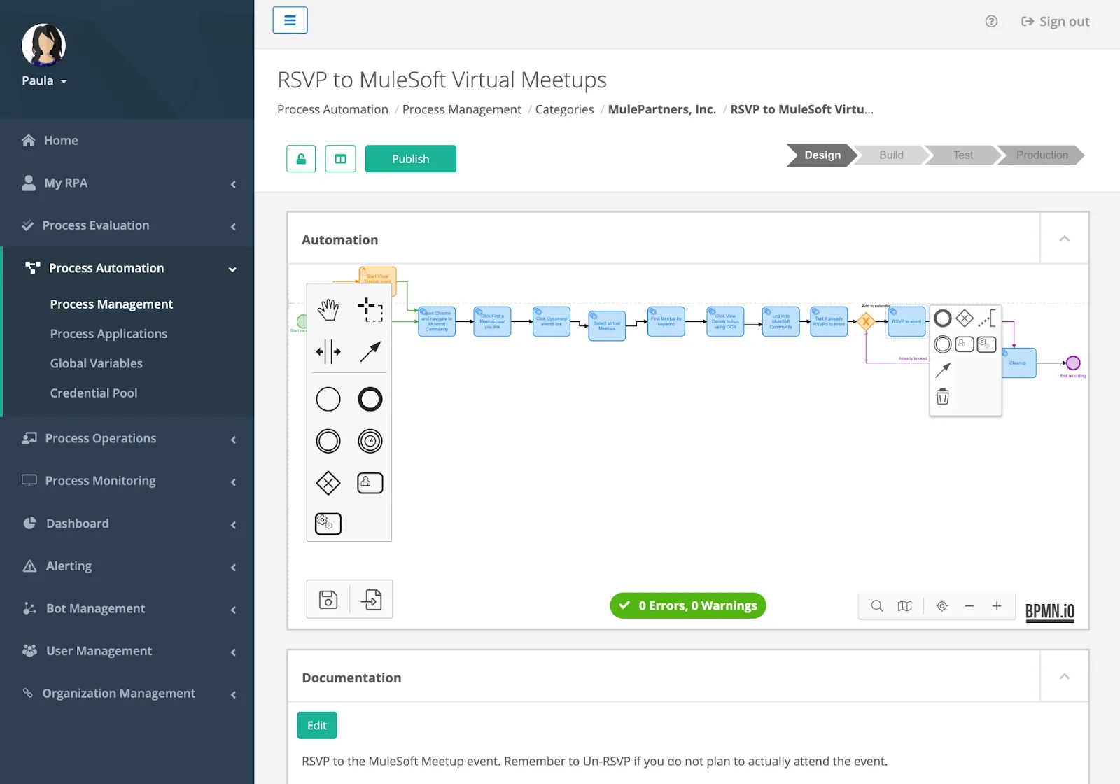 MuleSoft RPA Manager の BPMN エディター。